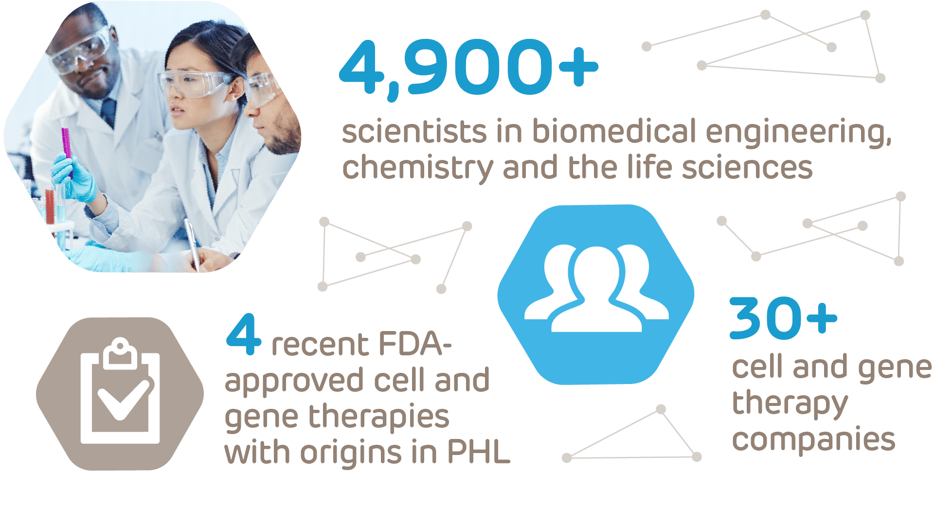 Info Graphic: 4,900+ scientists in biomedical engineering, chemistry and the life sciences. 4 recent FDA-approved cell and gene therapies with organs in PHL. 30+ cell and gene therapy companies.